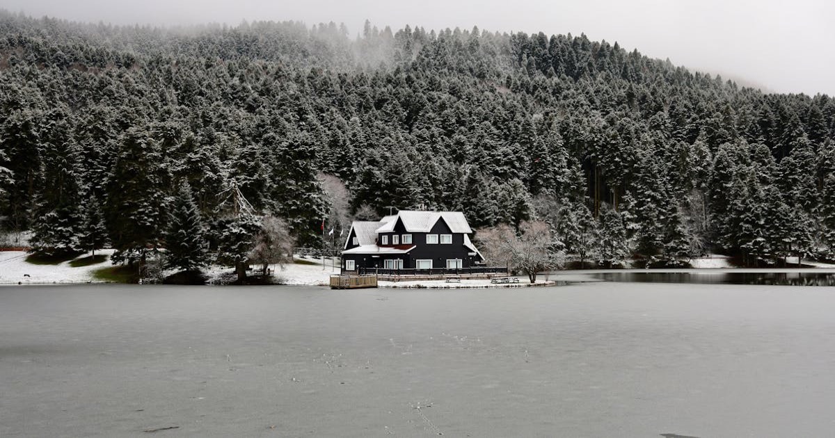 A serene winter landscape featuring a cabin by a frozen lake surrounded by snow-covered trees in Bolu, Turkey.