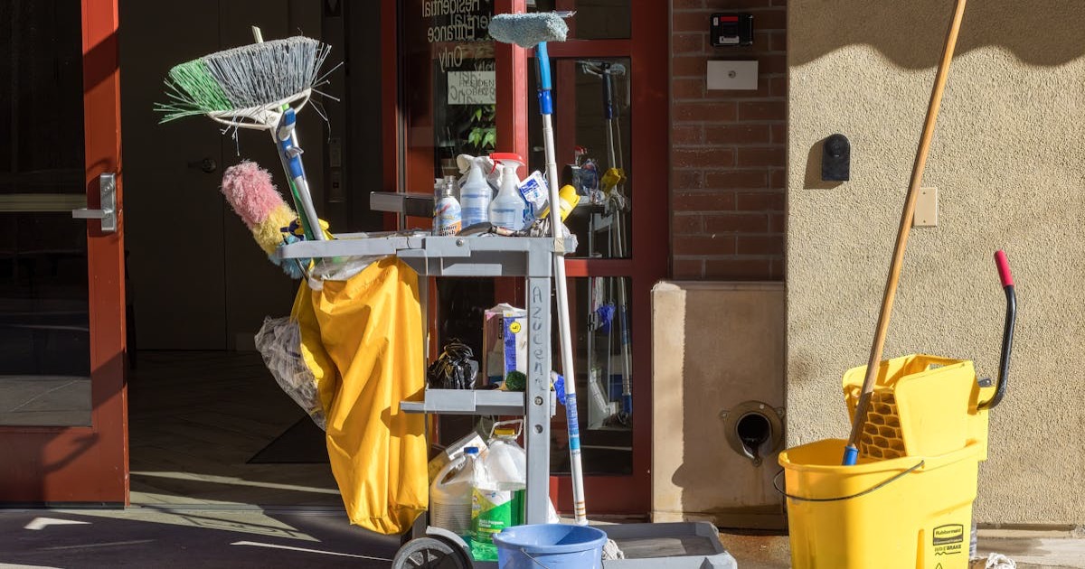 Cleaning supplies and tools outside a building entrance bathed in sunlight.